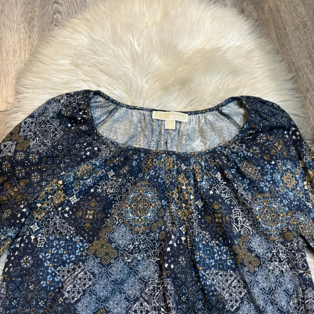 MICHAEL KORS Womens Blue Paisley 3/4 Sleeve Scoop Neck Top medium - Picture 9 of 10